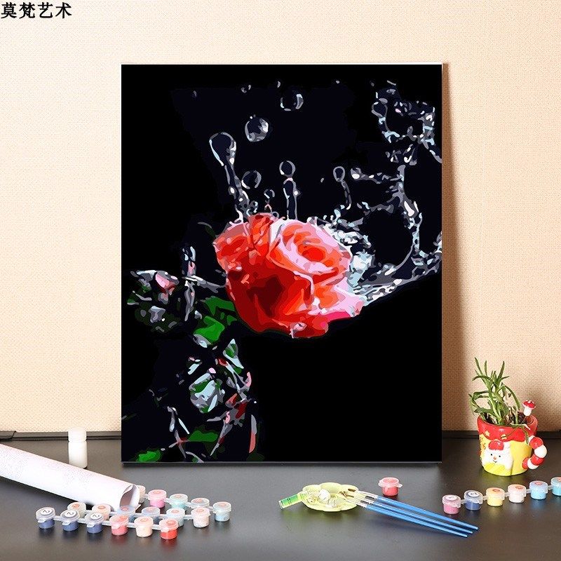 数字油画diy填充手工填色消磨时间水滴红色玫瑰花涂色丙烯油彩画