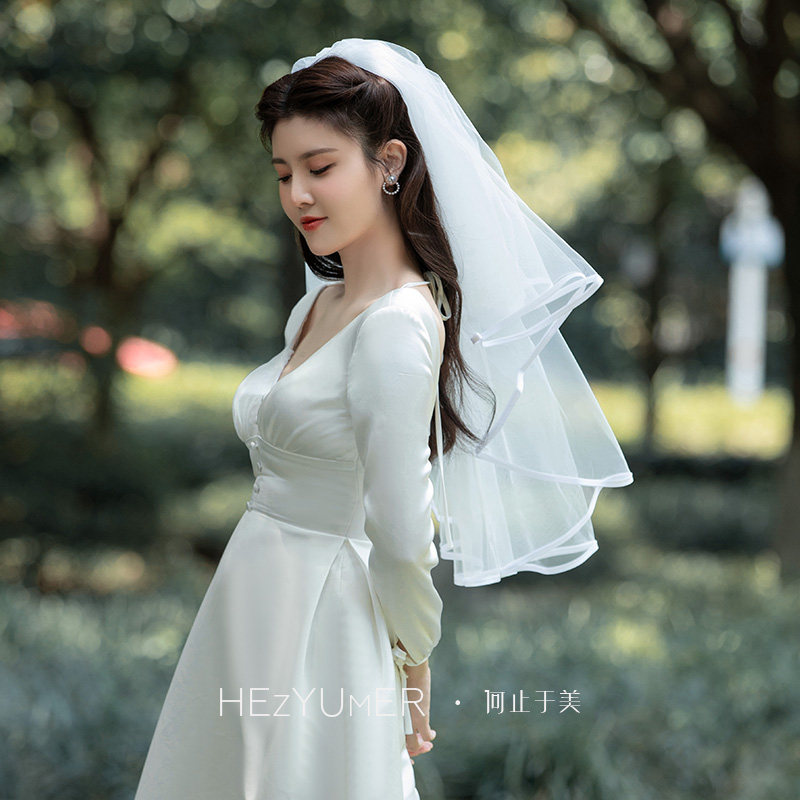 《云边》新款新娘婚纱头纱包边婚礼造型领证简约双层拍照道具头纱