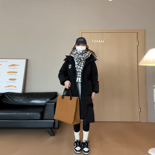 中长版连帽黑色羽绒棉服女加厚冬2023年新款学院风休闲百搭面包服