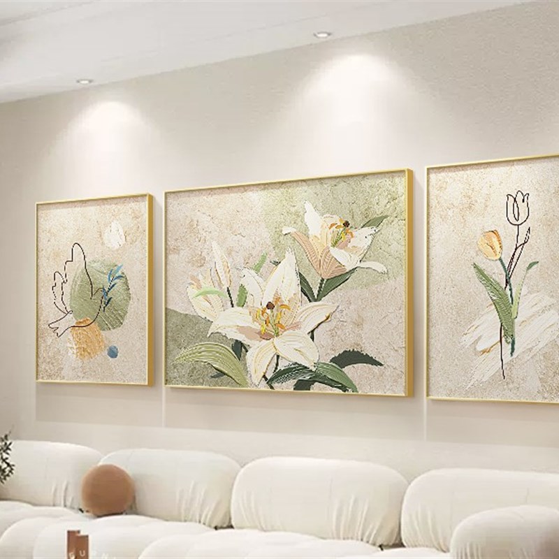 奶油风客厅装饰画2023新款现代简约高档百合花壁画沙发背景墙挂画