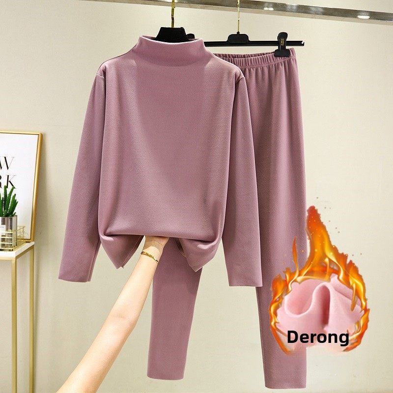 双面德绒半高领打底衫女加绒加厚秋衣秋裤两件套修身发热保暖套装