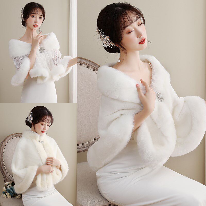 新娘毛披肩女冬季结婚新款伴娘团斗篷礼服披风白色保暖外搭加厚套