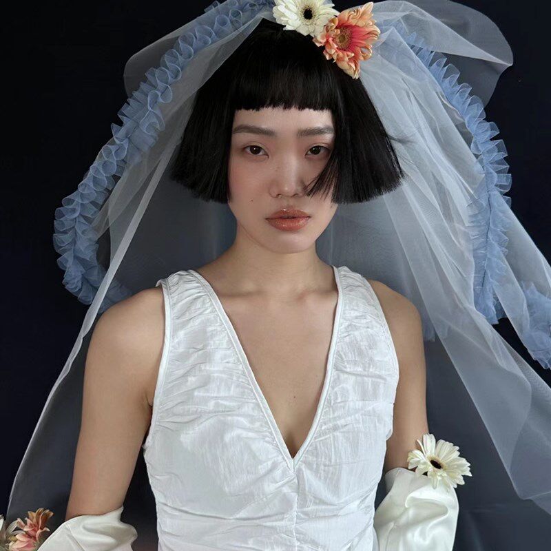 婚纱礼服新娘婚纱头纱中长款多层蓬蓬纱硬纱摄影拍照造型头饰白色