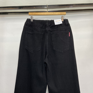 新款 B腿老爹直筒纯黑色宽脚系绳牛仔 休闲松紧腰宽松男女港风阔裤