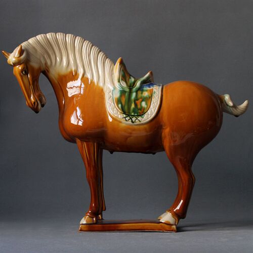 唐三彩马陶瓷马摆件亮釉勾头陶瓷器摆设件饰工艺品马到成功吉祥物