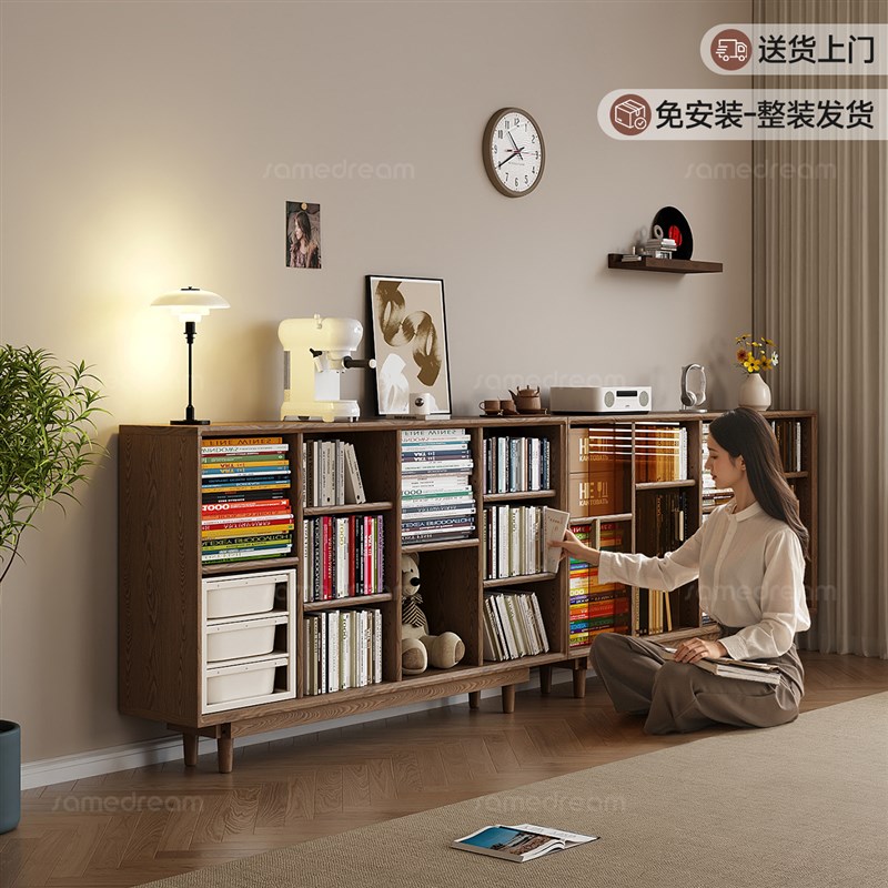 三梦实木书柜带玻璃门矮书柜家用客厅书架中古风置物展示柜子