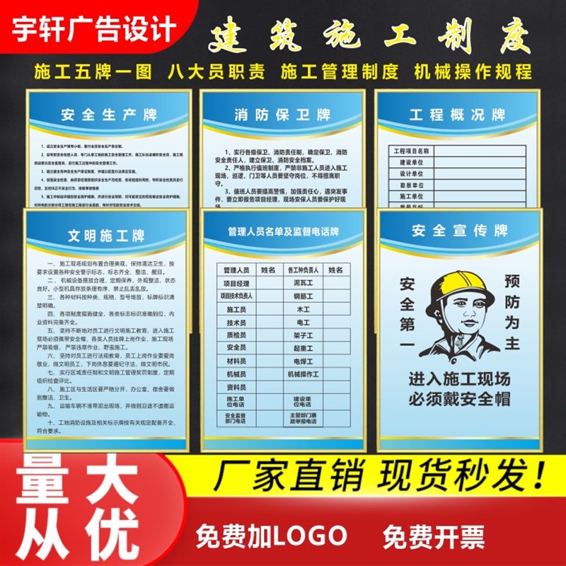施工五牌一图项目部管理制度牌建筑工地警示牌定制八大员岗位职责