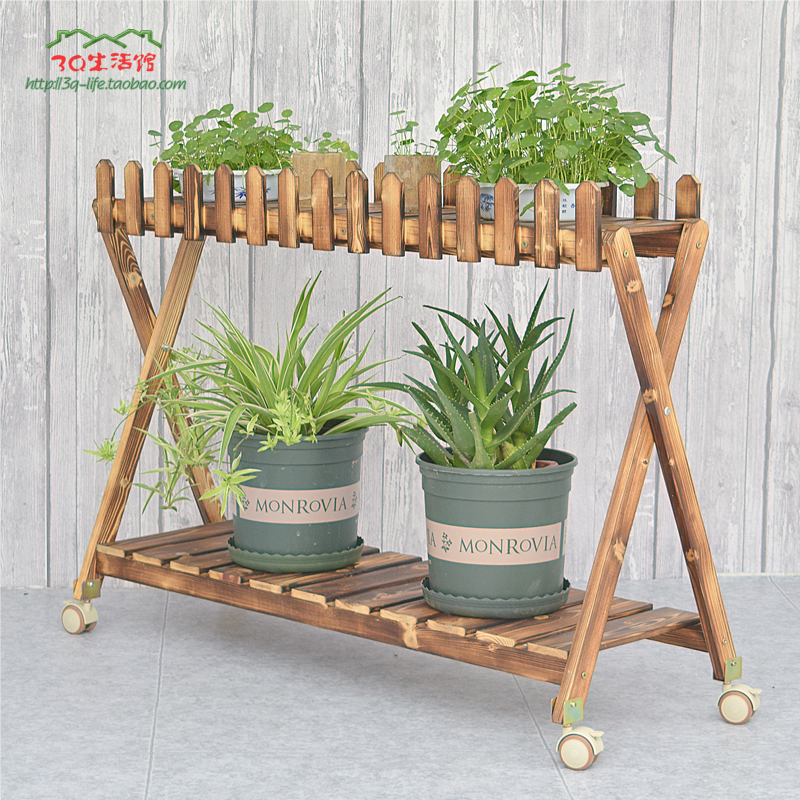 复古移动阳台花架子带万向轮实木质防腐多层栅栏多肉吊兰植物架