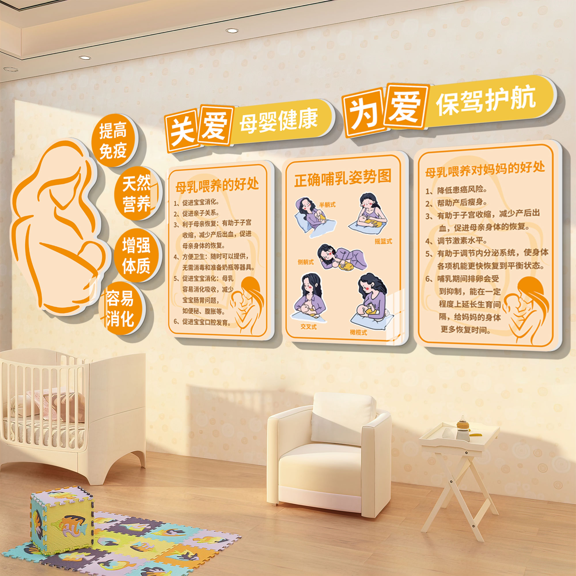 母婴室墙面装饰挂壁画月子中心医院哺育知识宣传海报形象背景墙纸