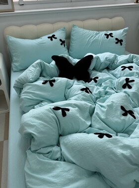 少女in治愈蓝色蝴蝶结毛巾绣水洗棉四件床单纯色宿舍.8三件