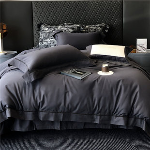 极简风140支高端长绒棉磨毛四件套全棉裸睡床品秋冬纯色镂空被套