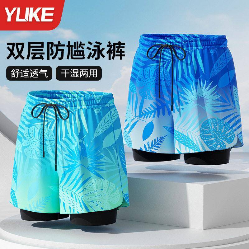 羽克泳裤士新款跨境运动假两件短裤夏装成人防尴尬沙滩裤子