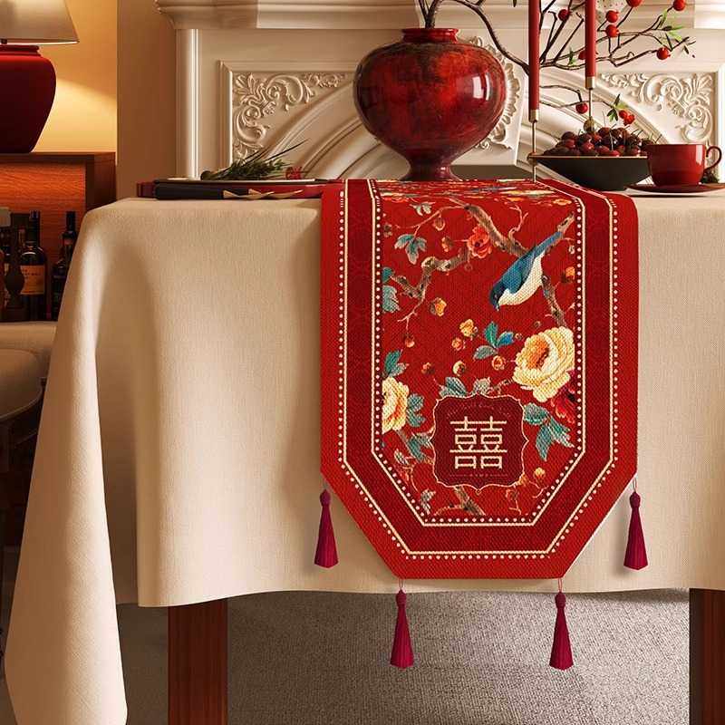 结婚桌旗喜字防水餐桌布麻感布艺电视机五斗柜盖布八角茶几布婚礼