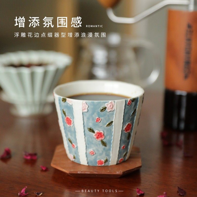 复古咖啡杯陶瓷猪口杯手绘釉下彩玫瑰拉花杯下午茶手握杯茶杯礼物,餐饮具,咖啡杯,淘宝优惠券,粉丝福利购,淘宝优惠卷