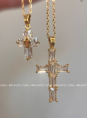 美式复古超闪方钻十字架欧美嘻哈叠带项链辣妹高级感锁骨链配饰