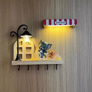 磁吸挂钩钥匙收纳玄关摆件感应灯实木挂杆猫和老鼠摆件壁挂式装饰
