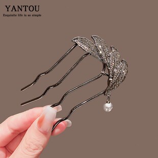 网红丸子头盘发插大U型插夹优雅发簪子凤钗水钻树叶流苏发卡发夹