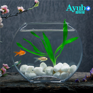 创意桃花玻璃鱼缸金鱼缸扁圆形迷你中小型懒人客厅办公桌面水族箱
