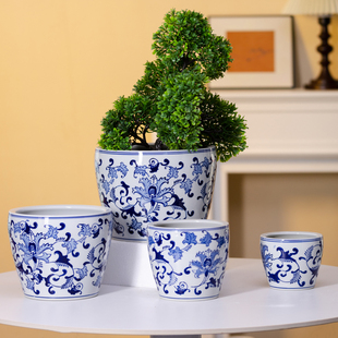 景德镇陶瓷花盆青花瓷复古花盆家用客厅插花器皿有孔花器大口径