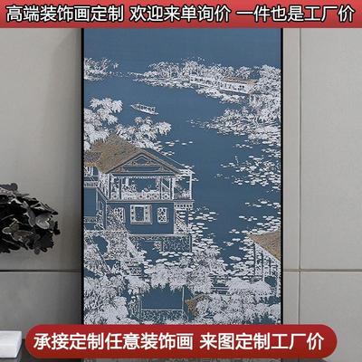 新中式实物画酒店餐厅装饰画客厅背景墙玄关画浮雕立体画空间楼阁