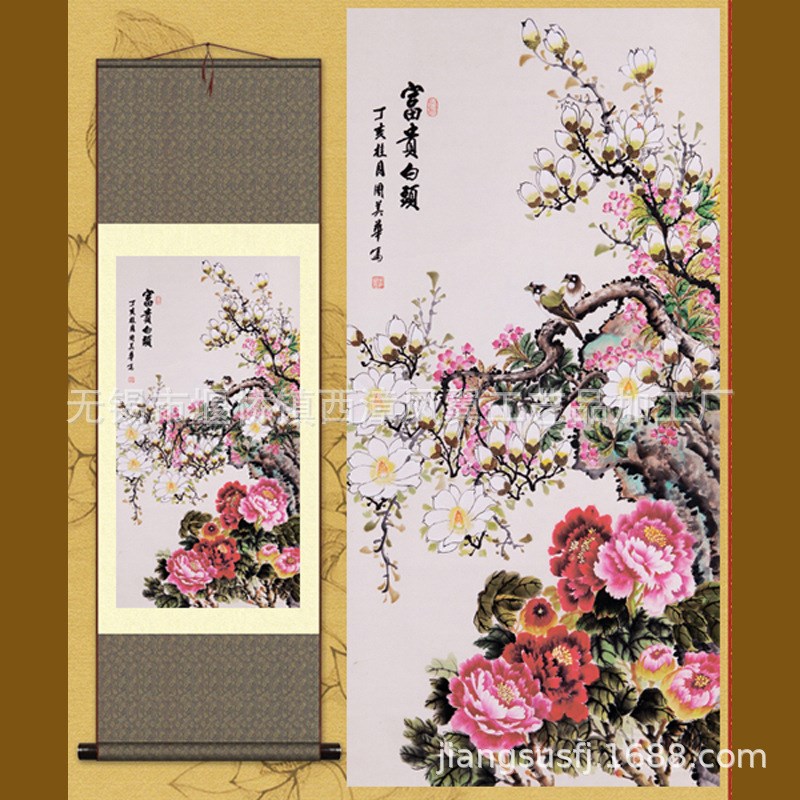 客厅办公室挂丝绸o卷轴画 牡丹 富贵白头  S145