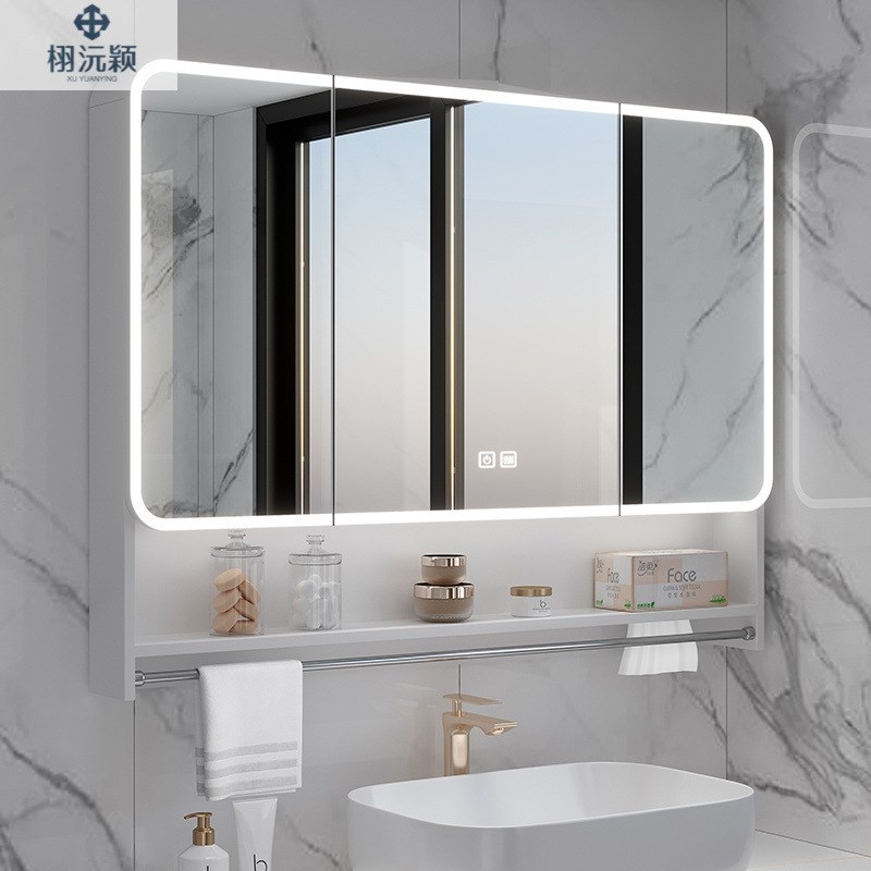 太空铝圆行挂墙式带梳妆镜浴室镜柜D抽纸孔毛巾杆智能灯光美妆储