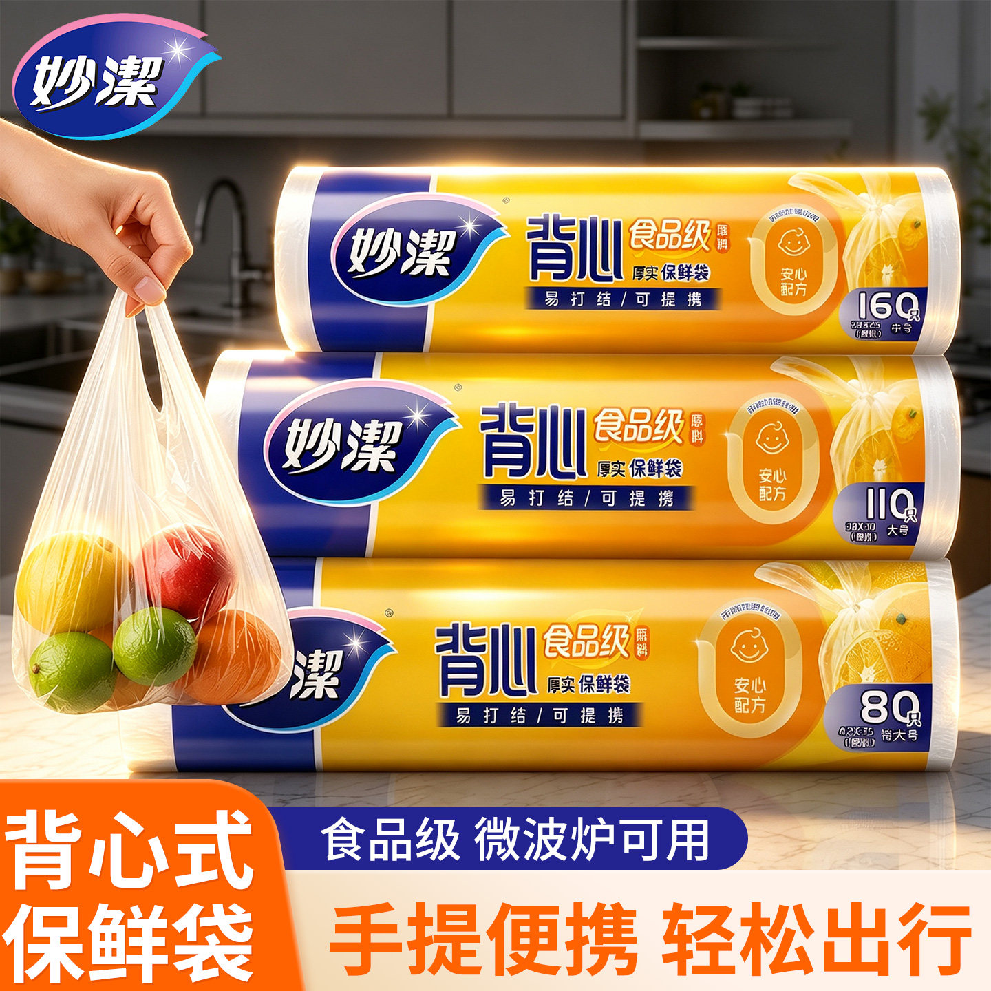 妙洁背心式手提保鲜袋加厚食品级