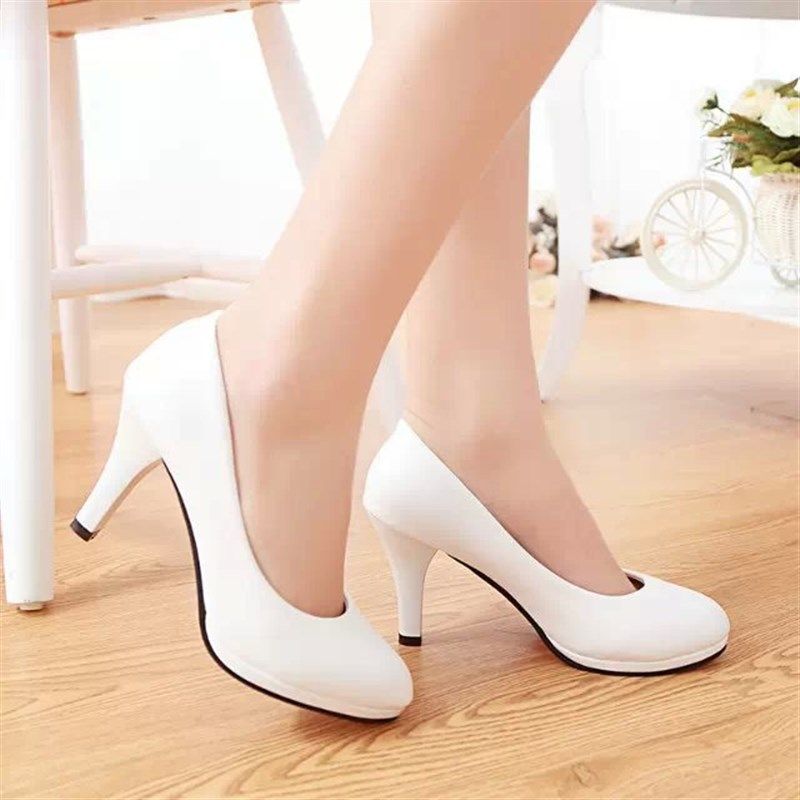 白色学生礼仪f高跟鞋女防水台低跟3-5-7cm工作职场细跟面试单皮鞋