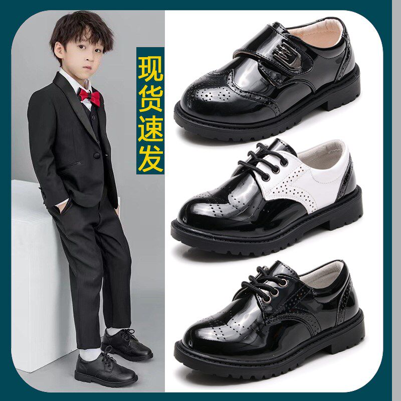 男童皮鞋c黑白色春夏季英伦风儿童软底亮面表演小皮鞋学生演出鞋