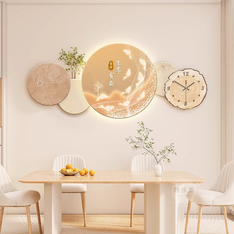 奶油侘寂风餐厅装饰画带钟表x抽象花卉壁画石来运电视背景墙挂画