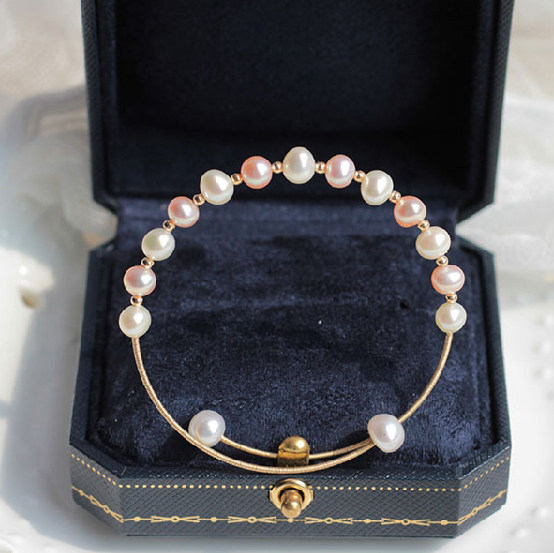 天然淡水强光珍珠绕线手链 1x4K包金开口手镯 时尚彩色手串手镯女