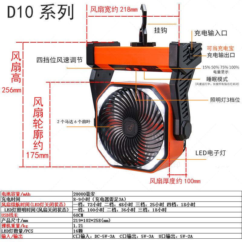 户外露营帐篷充电风扇超长持w久大电量电池超强续航待机便携式无