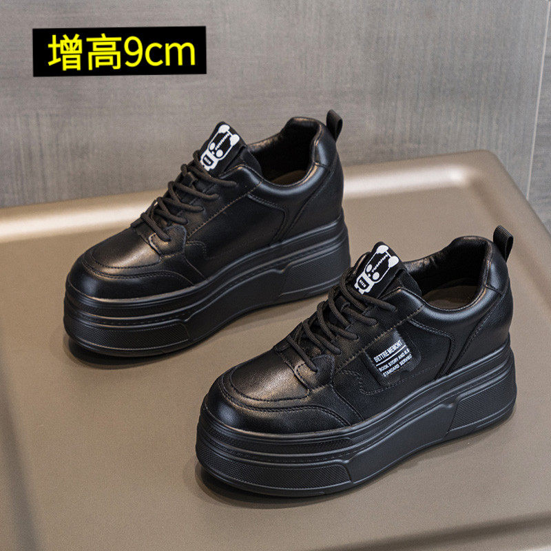 黑色内增高女鞋秋冬百搭鞋子女小个子显H高冬季加绒厚底松糕鞋冬