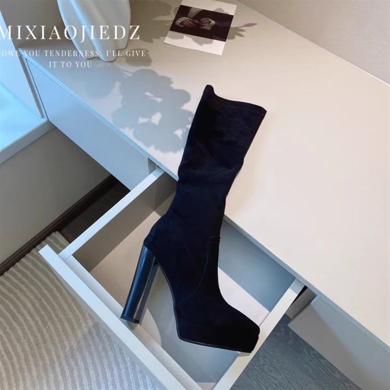 韩系早秋鞋子女2024新款防水y台细高跟不过膝靴弹力瘦瘦靴尖头袜