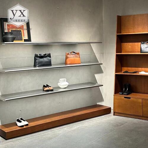 服装店展示架上墙鞋包置物架买手店饰品陈列壁挂式T不锈钢带灯架