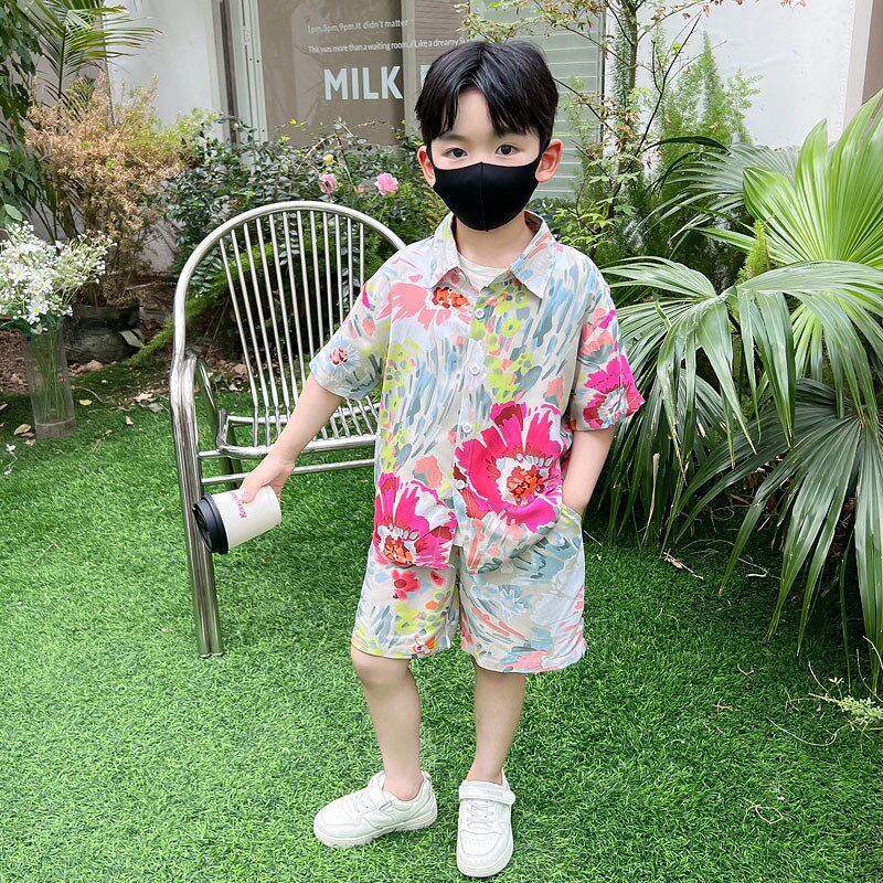 儿童花衬衫棉绸套装新款夏威夷度假柔软透M气外穿男童绵绸沙滩夏