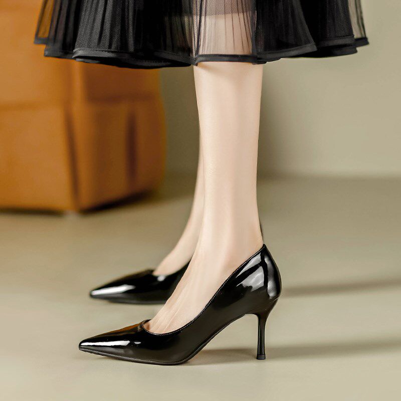 防滑高跟a鞋女细跟不累脚3厘米小跟软漆皮单鞋5公分中跟尖头工作