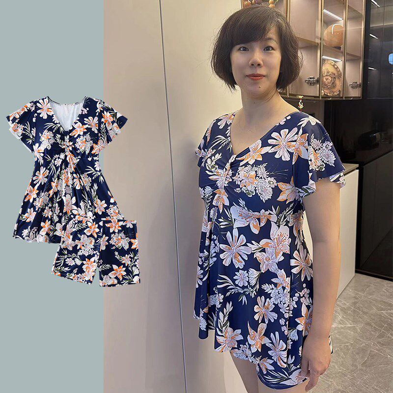 大码泳衣女款分体两件保守遮肚显B瘦泡温泉中老年妈妈女款海边泳
