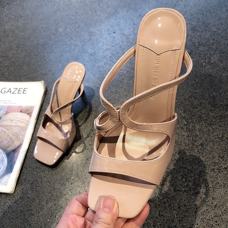 漆皮方头露趾交叉带气质高跟鞋2y025年夏季新款一字带细跟凉拖鞋,女鞋,一字拖,淘宝优惠券,粉丝福利购,淘宝优惠卷