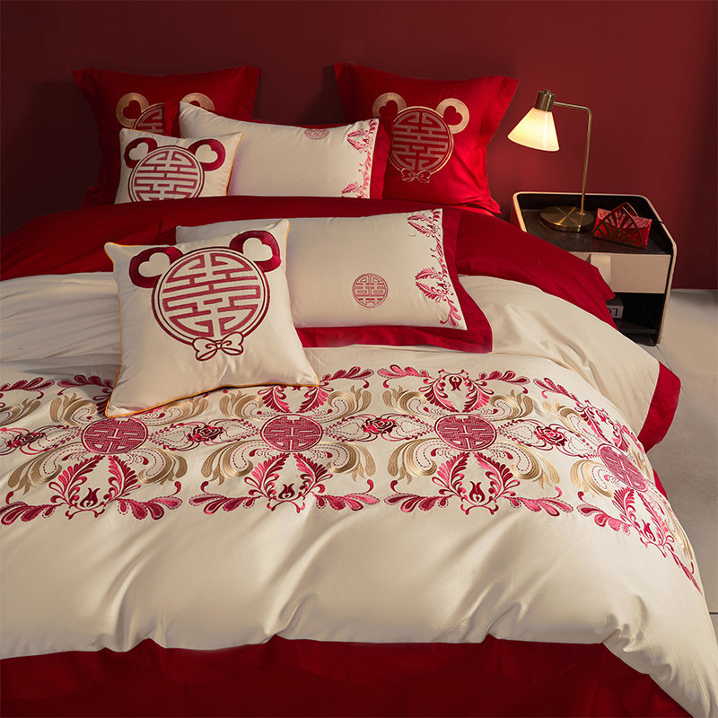 100支长绒棉婚庆四件套全棉结婚礼G大红色简约公主风床上用品4,床上用品,婚庆床品套件,淘宝优惠券,粉丝福利购,淘宝优惠卷