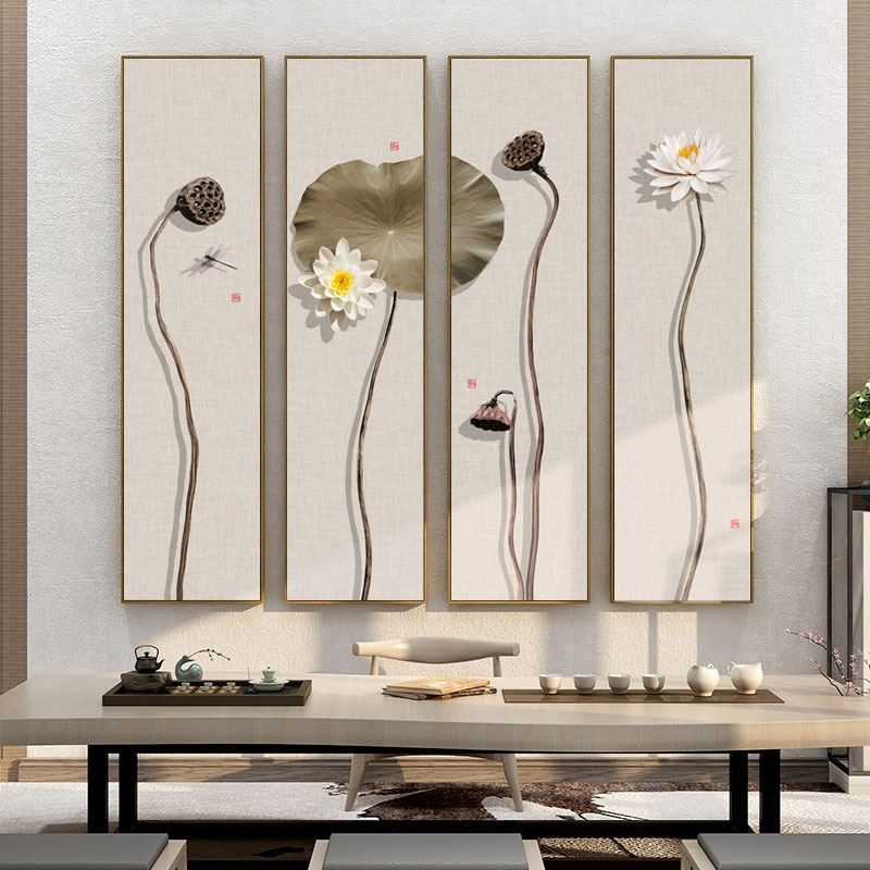 新中式禅意荷花装饰画茶室书房客厅背景墙壁画复古莲蓬四联屏挂画图片