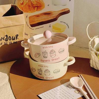 可爱双耳泡面碗宿舍学生带盖陶瓷大容量面碗大碗螺蛳粉碗个人专用