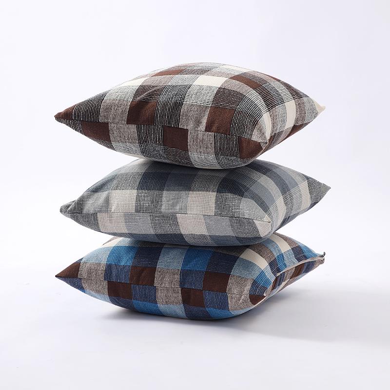 夏季棉麻抱枕套新中式格子条纹靠枕亚麻拼接加厚麻布靠垫套沙发枕