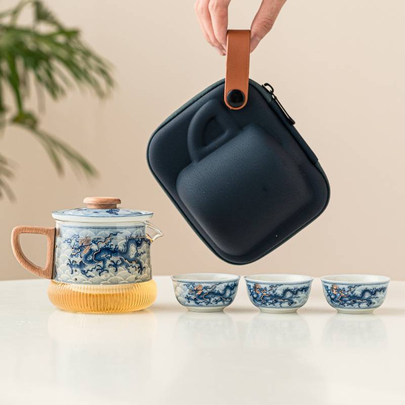 青花龙纹旅行茶具便携式快客杯个人专用随身包套装户外泡茶壶茶杯