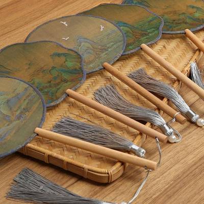 儿童青绿团扇千里江山图小圆扇成人古风舞蹈扇汉服扇旗袍扇子