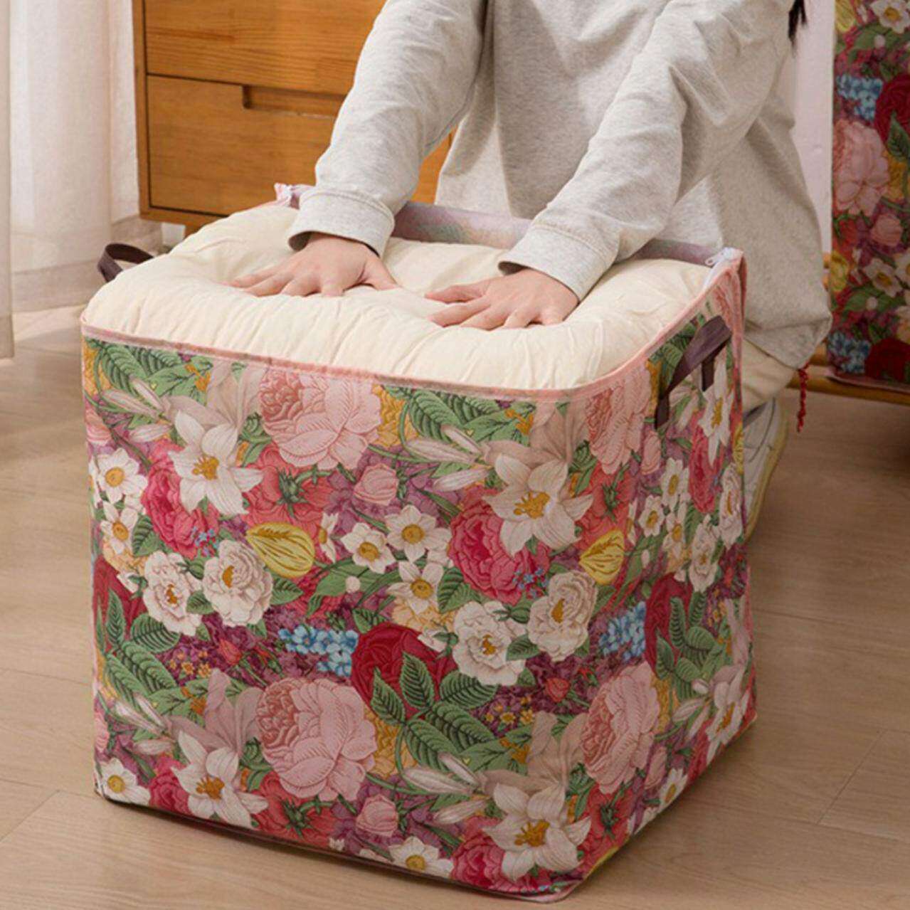 【大号】花朵收纳箱双拉链衣服赃衣篓被子防水防潮开学搬家袋布艺