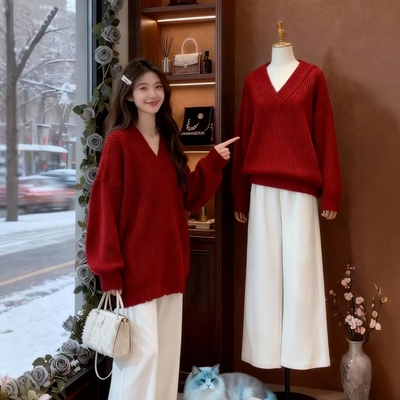 新年圣诞红色中长款毛衣女秋冬外穿高级感宽松慵懒风套头针织衫