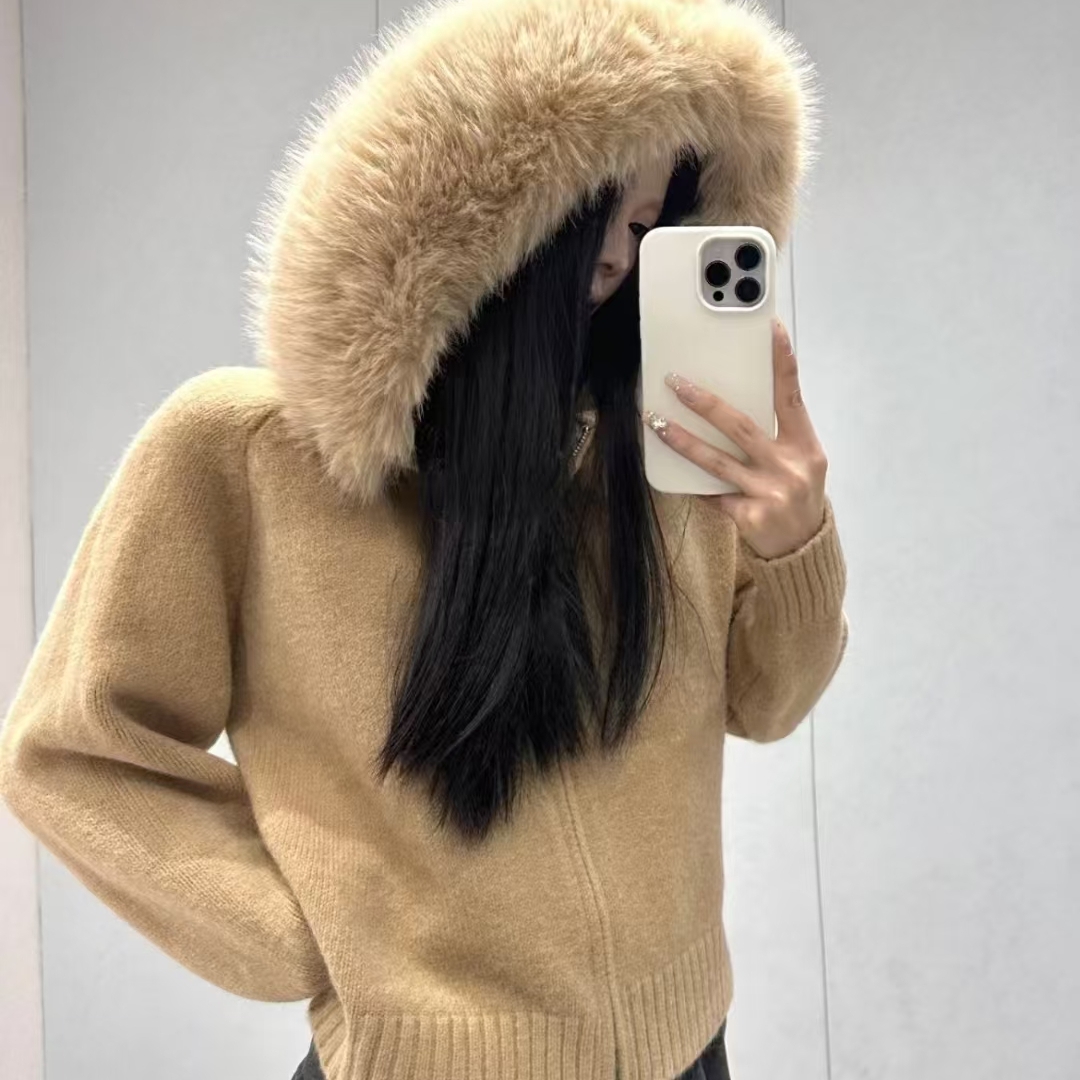 韩国chic秋冬复古气质宽松休闲百搭长袖大毛领连帽针织毛衣外套女