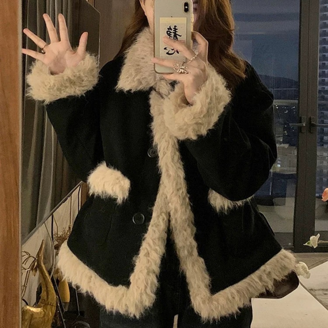 2025冬新款小香风羊羔毛外套女黑色灯芯绒环保皮草小个子毛绒上衣