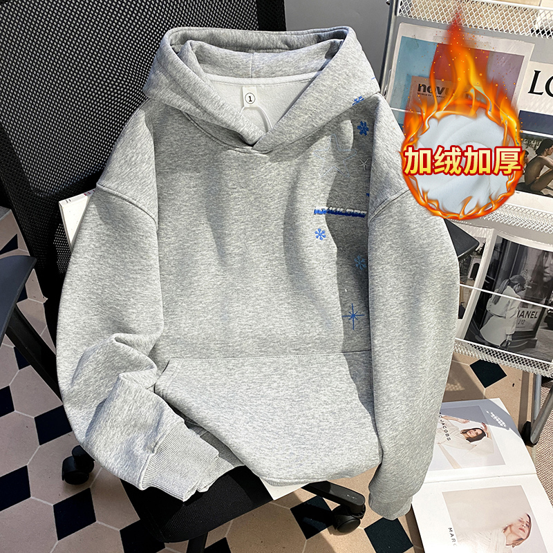 大码女装卫衣加绒加厚新款潮中长宽松刺绣花连帽保暖韩版上衣